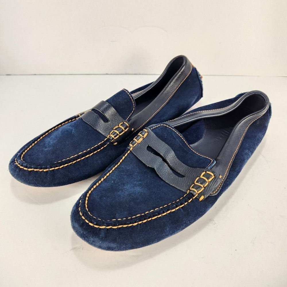 Cole Haan Men's 10M Navy Blue Suede Penny Loafers Moc Toe Contrast Stitch Slip O